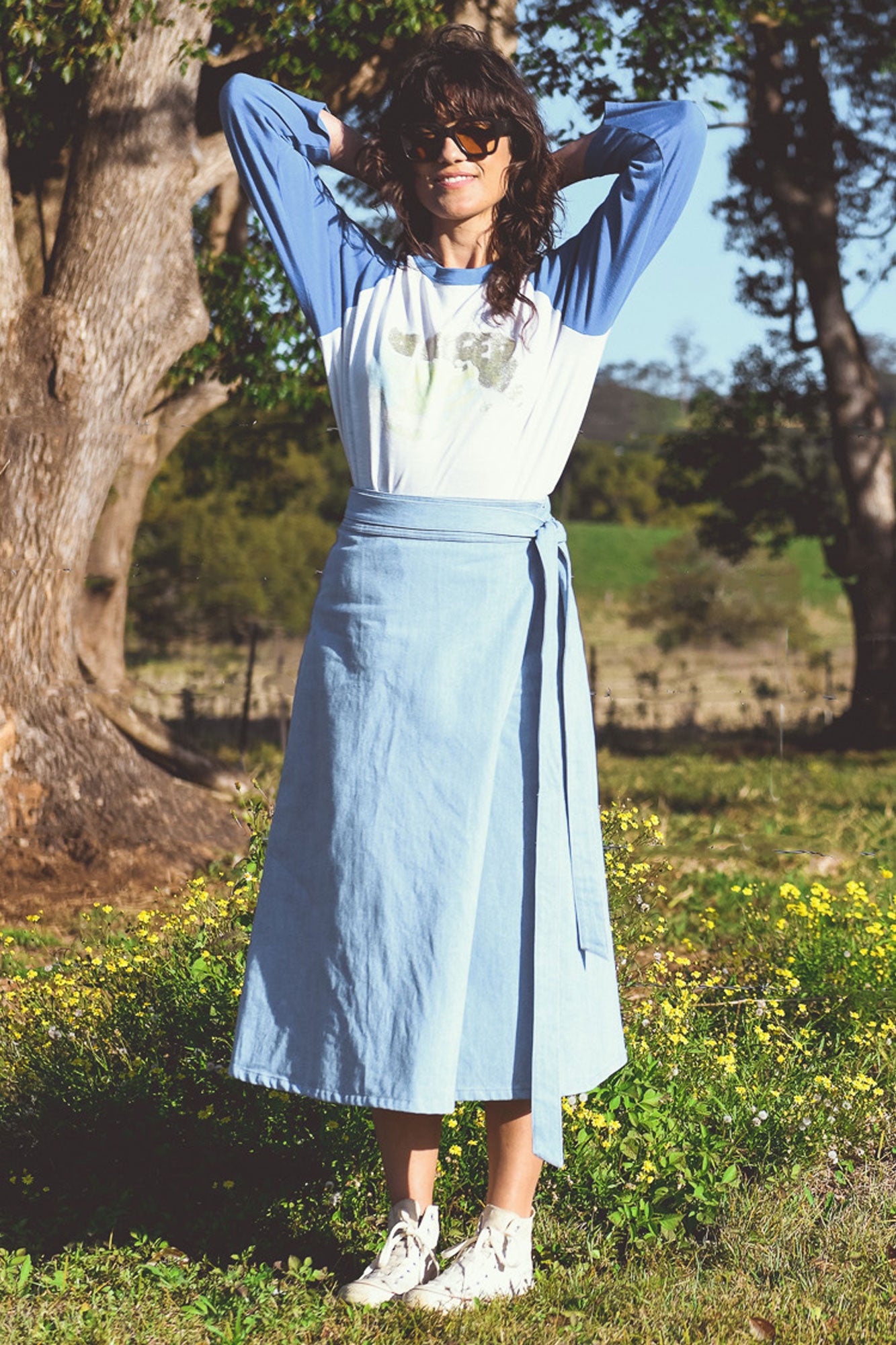 Flame Tree Wrap Skirt- Denim