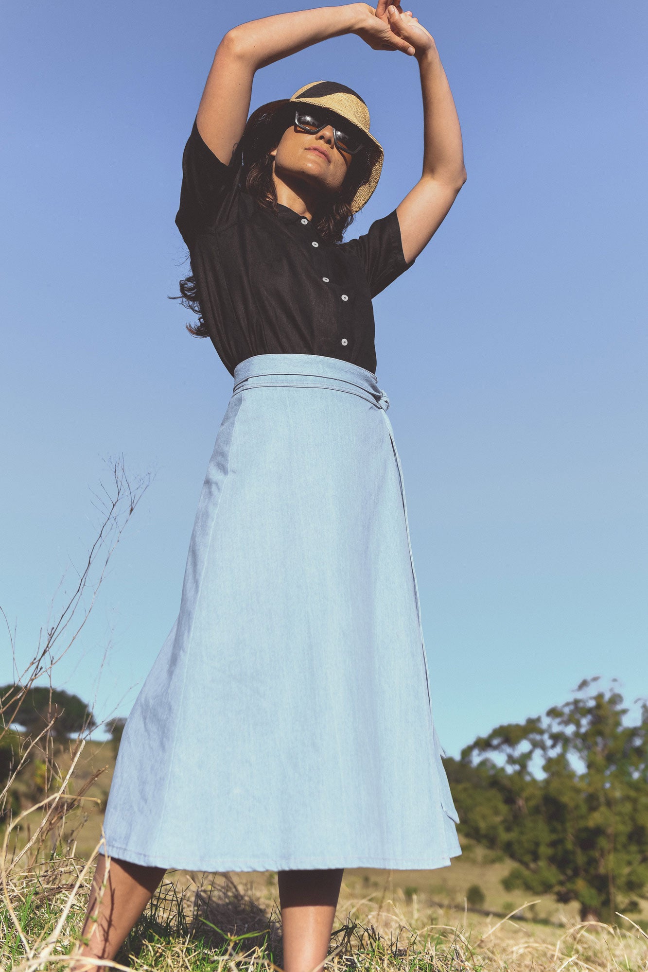 Flame Tree Wrap Skirt- Denim Milk Thistle